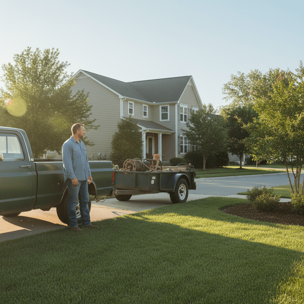 Lawn care professional standing by truck talking about pricing