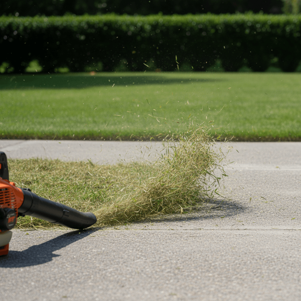 Leaf blower clearing clippings from a driveway