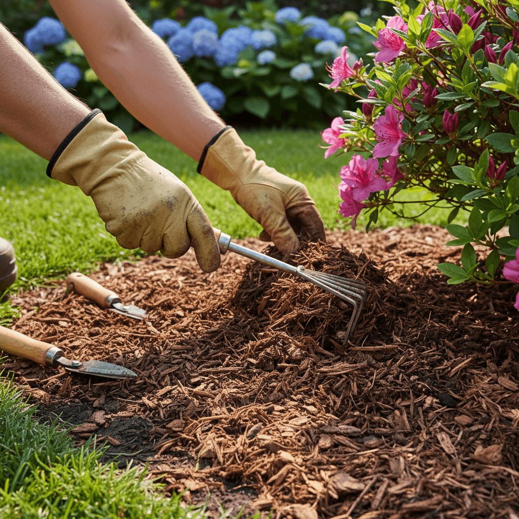 Lawn care professional kneeling beside a fresh mulch bed in a Gallatin front yard