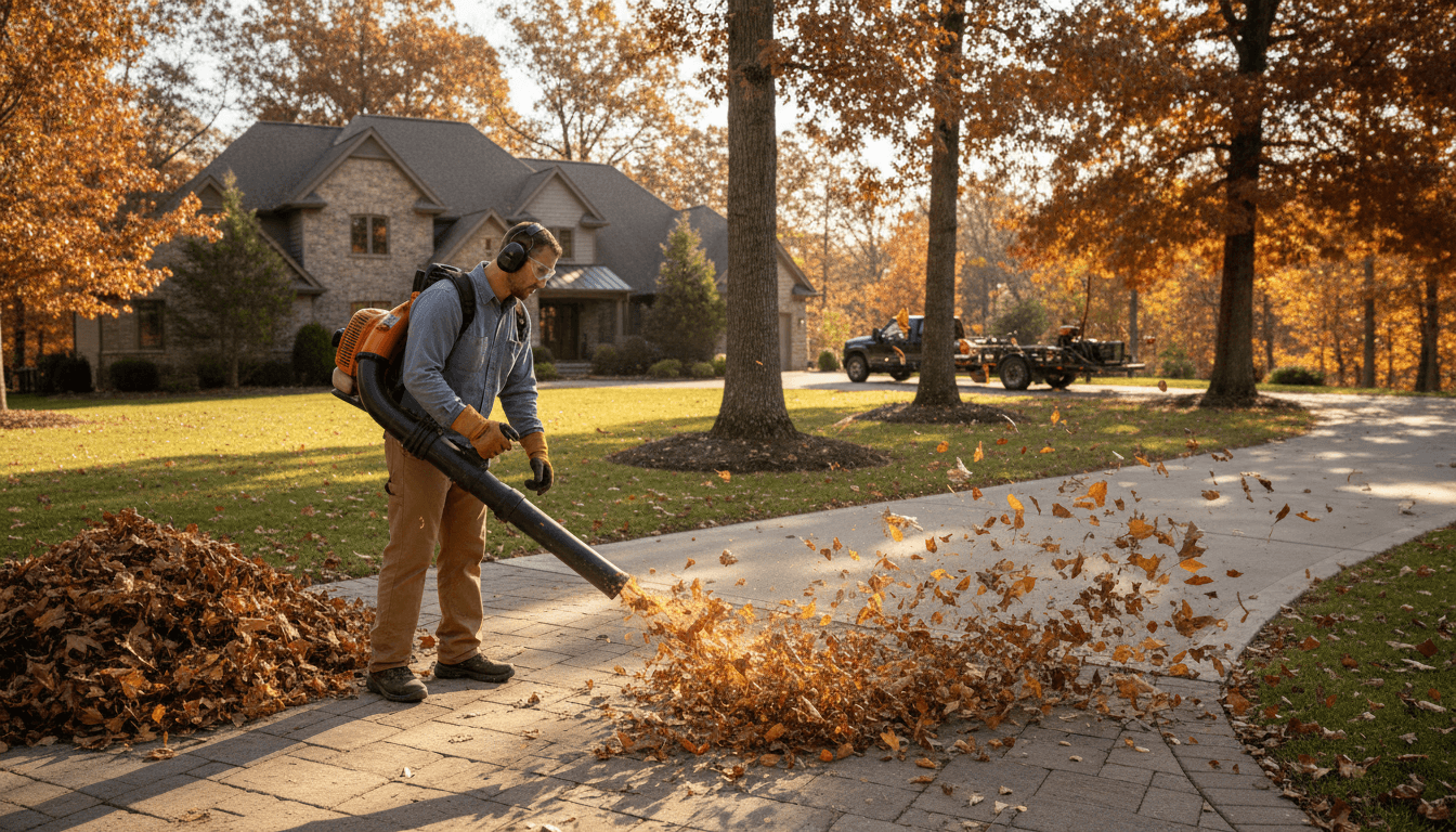Backyard after seasonal cleanup with leaves bagged at the curb