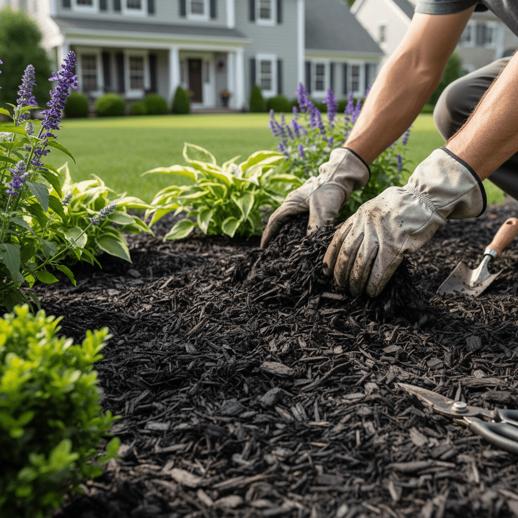 Freshly mulched garden bed with neatly trimmed edges
