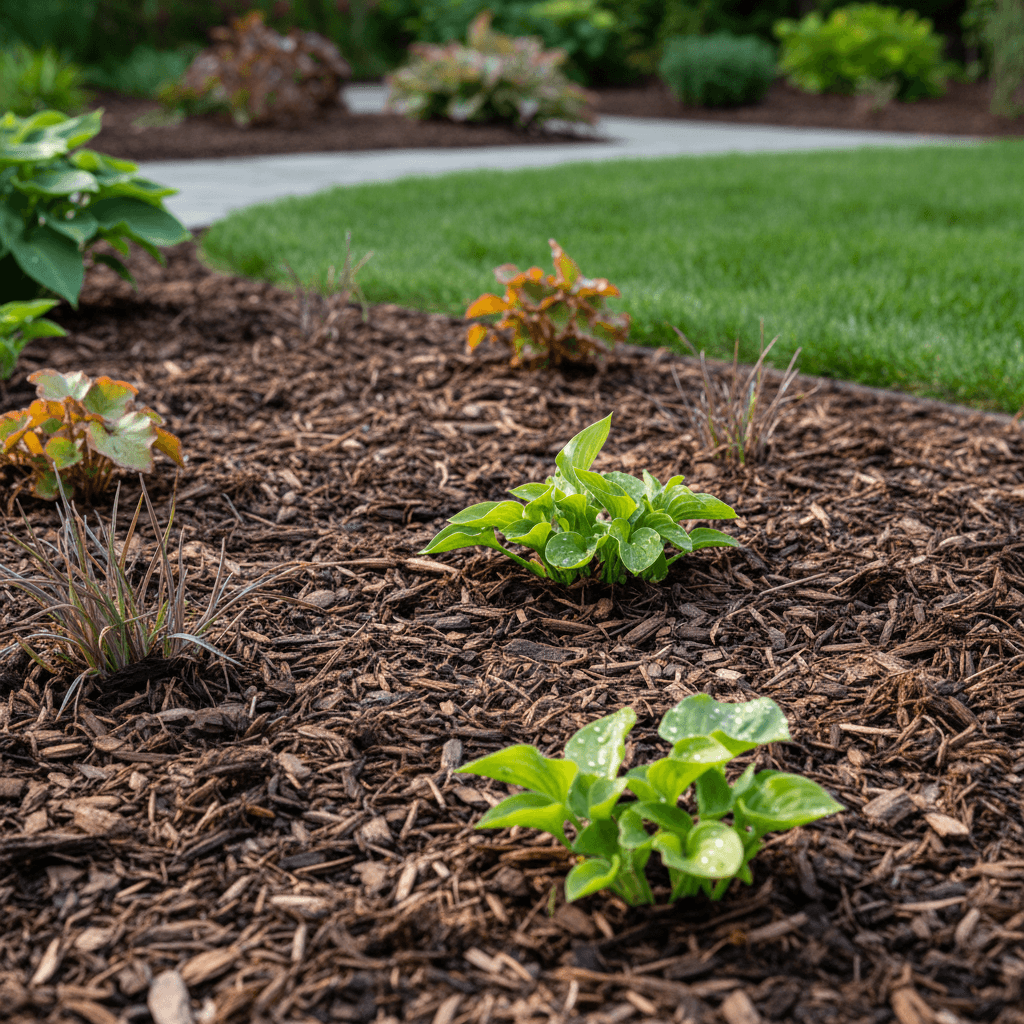Fresh mulch installed around shrubs in a flower bed