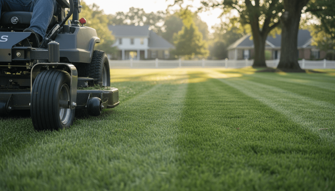 Striped lawn after mowing with blown clean driveway
