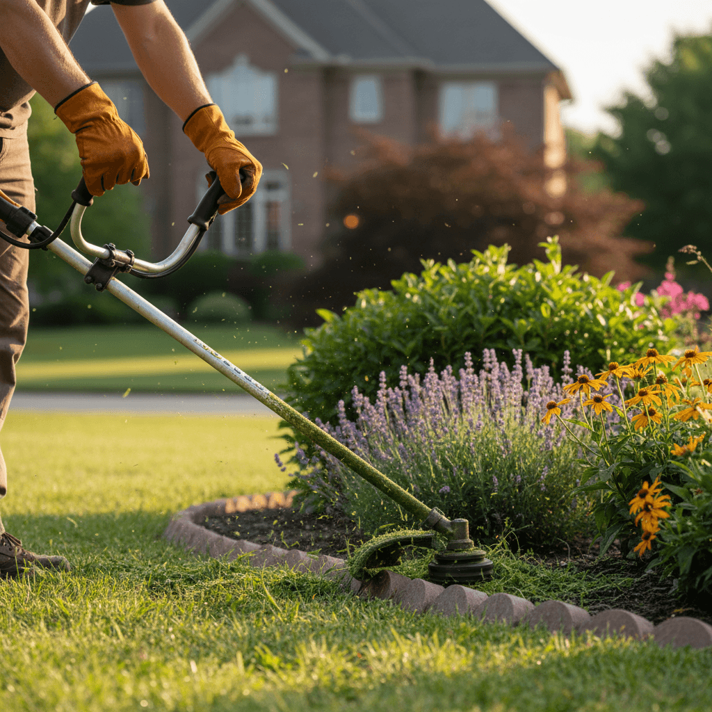 Edging tool creating a clean line between grass and driveway