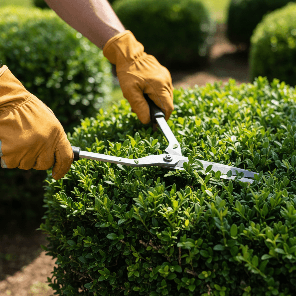 Trimmed hedge with clean edges against a brick wall