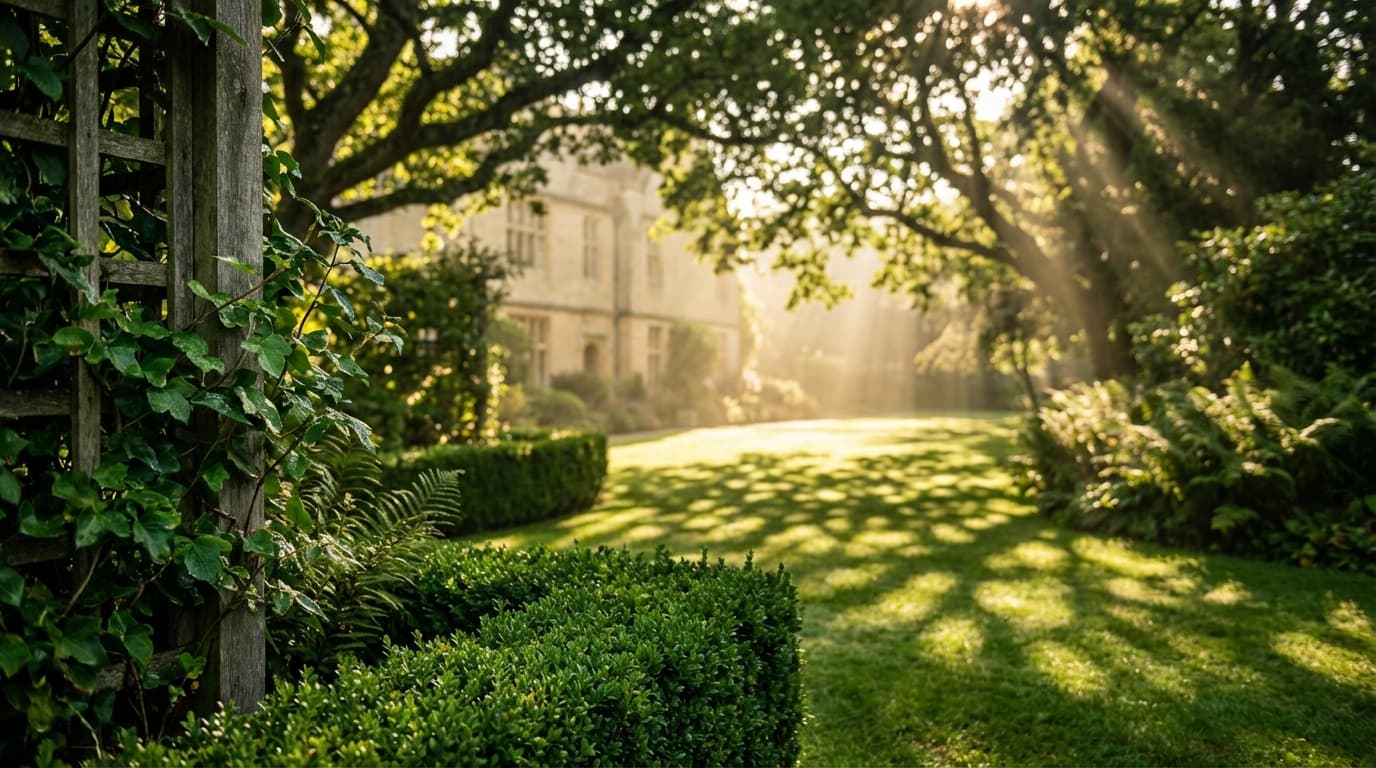Trimmed property edge with fresh mulch and shrub border