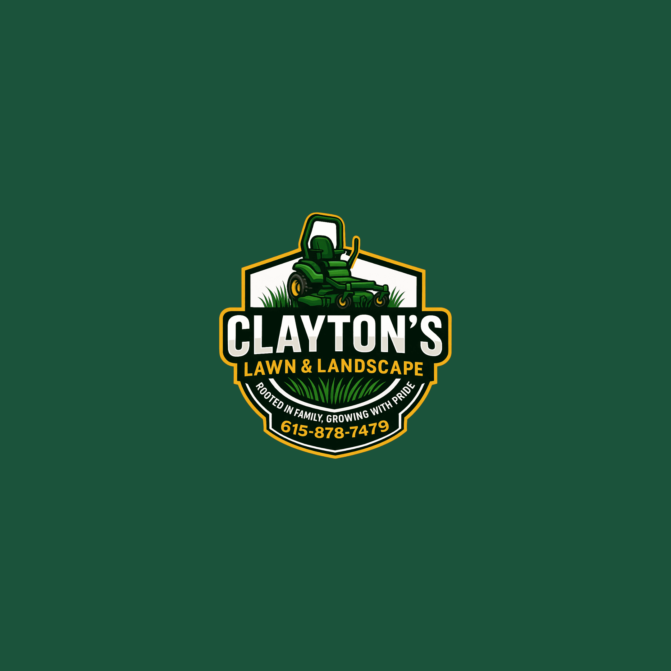 Clayton's Lawn and Landscape logo featuring a green zero-turn mower, slogan, and phone number.